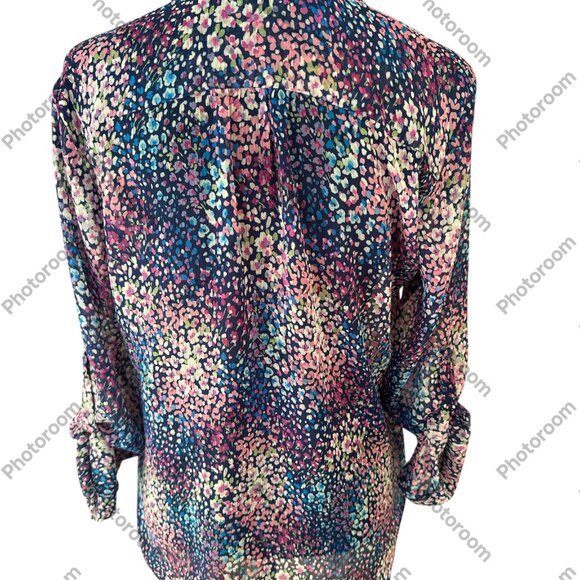 Kut from the Kloth Blue & Pink Medium Floral 3/4 Rolltab Sleeve Sheer Blouse - Picture 4 of 6